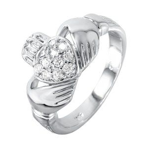 Sterling Silver 925 Rhodium Plated CZ Claddagh Ring
